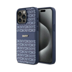 Coque iPhone 15 Pro Max DKNY Leather Mono Stripe & Metal Logo bleue