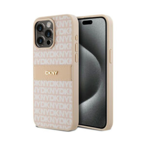 Coque iPhone 15 Pro Max DKNY Leather Mono Stripe & Metal Logo rose
