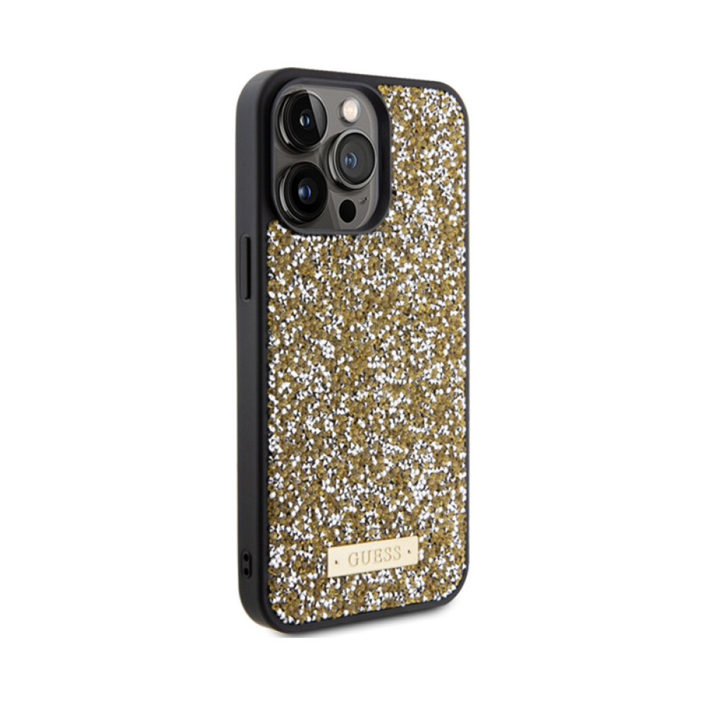 Coque iPhone 15 Pro Max Guess Rhinestone Metal Logo jaune — visuel 4