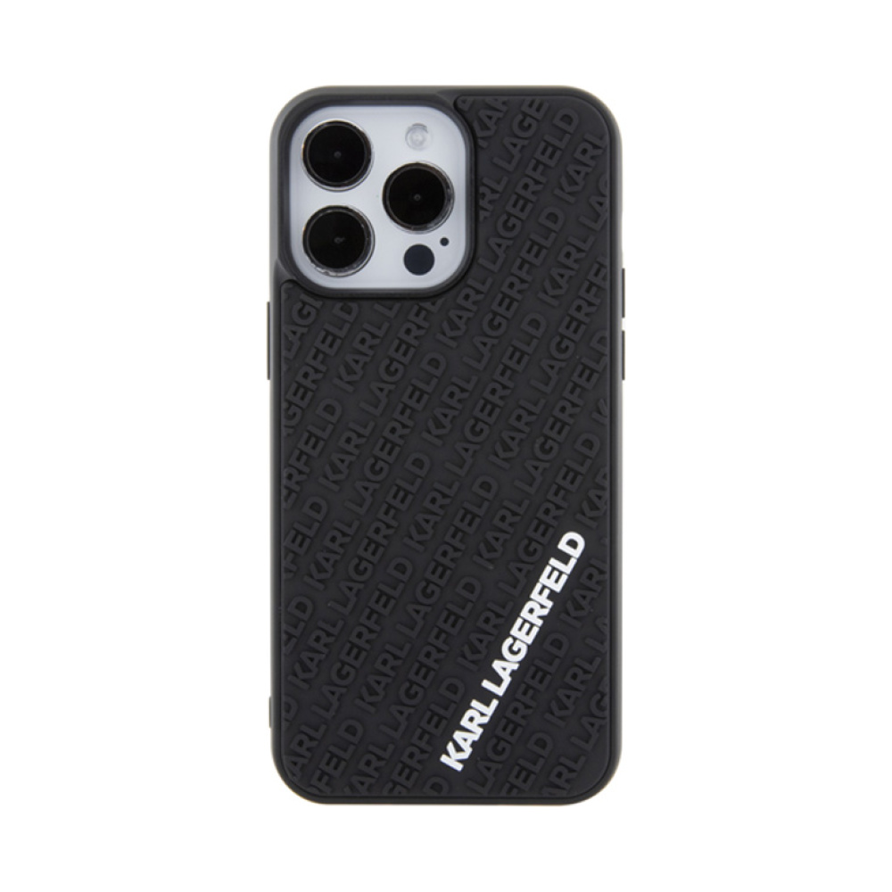 Coque iPhone 15 Pro Max Karl Lagerfeld 3D Rubber Multi Logo noire — visuel 3