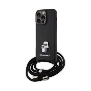 Coque iPhone 15 Pro Max Karl Lagerfeld Crossbody Saffiano Metal Pin Karl & Choupette noire