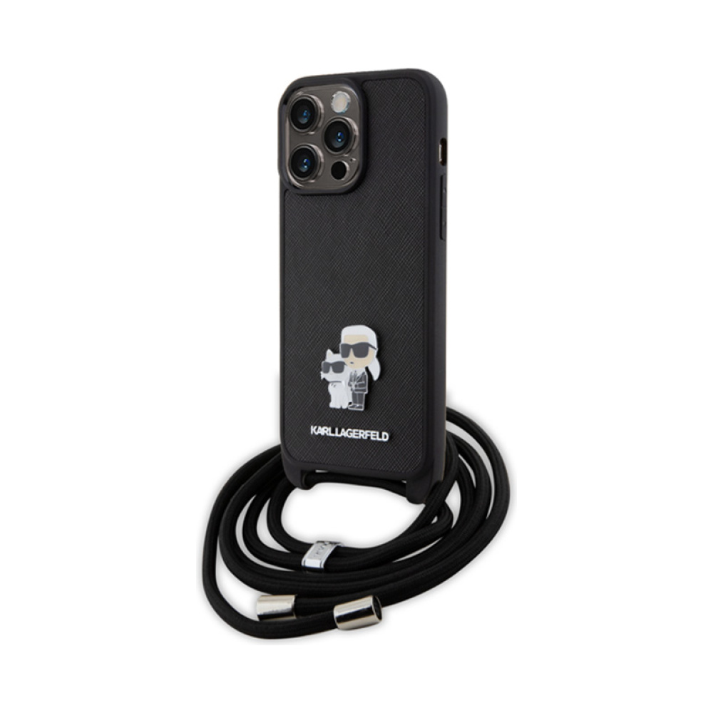 Coque iPhone 15 Pro Max Karl Lagerfeld Crossbody Saffiano Metal Pin Karl & Choupette noire