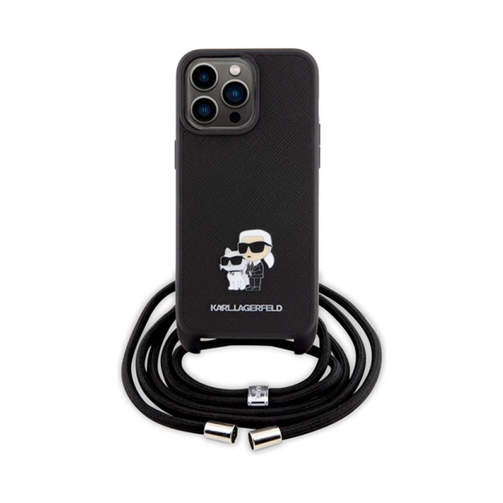 Coque iPhone 15 Pro Max Karl Lagerfeld Crossbody Saffiano Metal Pin Karl & Choupette noire — visuel 2