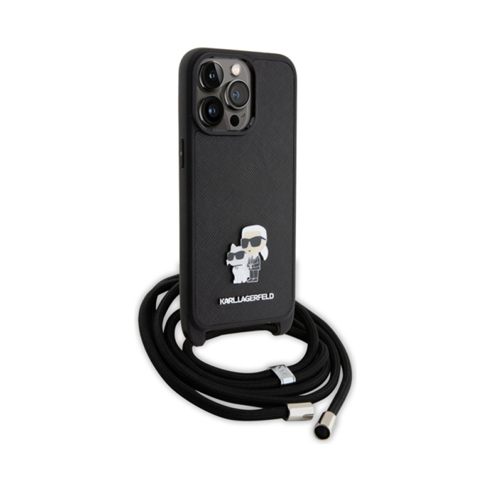 Coque iPhone 15 Pro Max Karl Lagerfeld Crossbody Saffiano Metal Pin Karl & Choupette noire — visuel 3