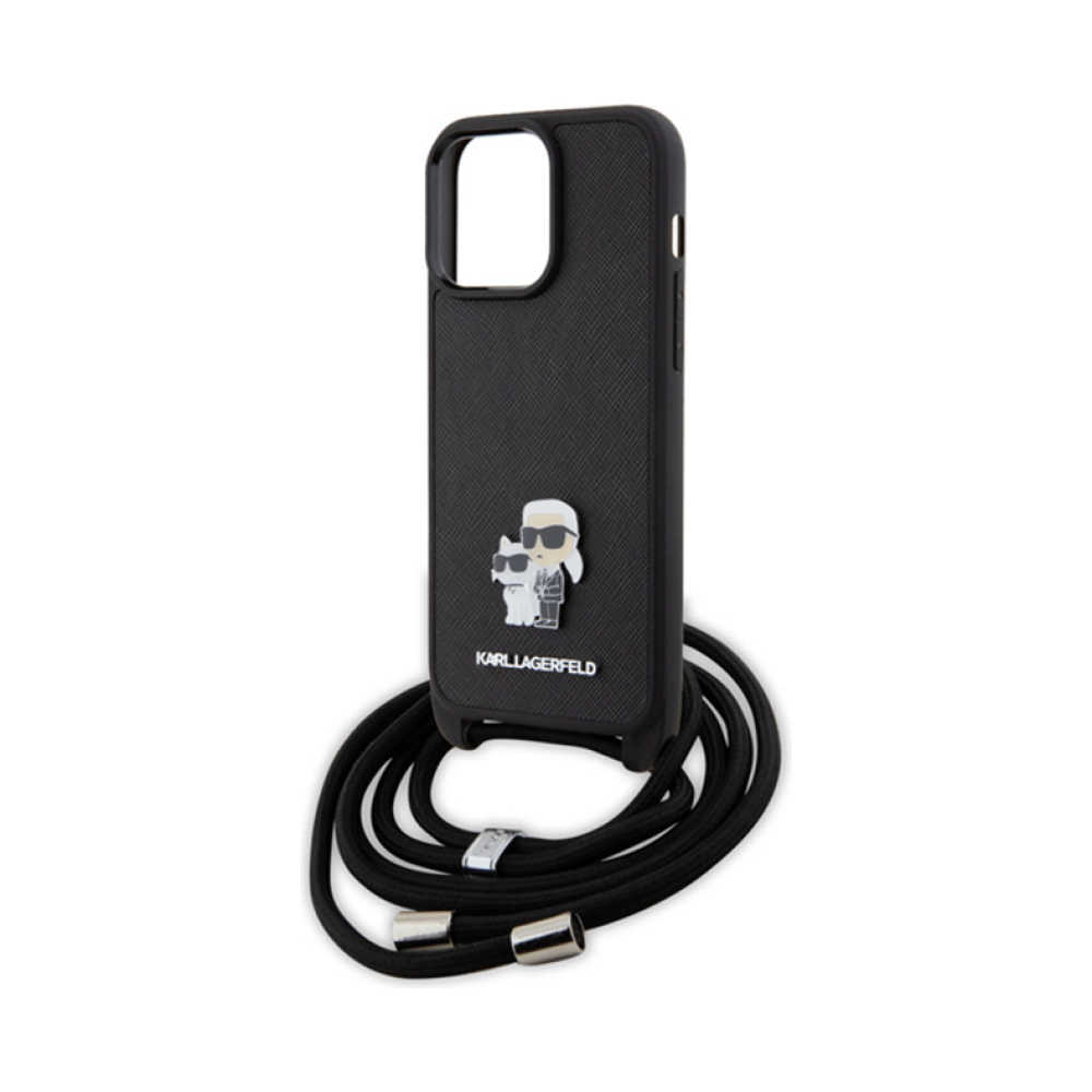Coque iPhone 15 Pro Max Karl Lagerfeld Crossbody Saffiano Metal Pin Karl & Choupette noire — visuel 5