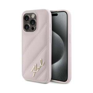 Coque iPhone 15 Pro Max Karl Lagerfeld Diagonal Quilted Script rose