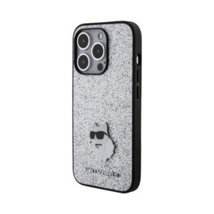 Coque iPhone 15 Pro Max Karl Lagerfeld Fixed Glitter Choupette Logo Metal Pin argentée — visuel 2