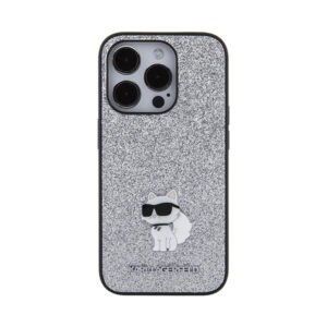 Coque iPhone 15 Pro Max Karl Lagerfeld Fixed Glitter Choupette Logo Metal Pin argentée — visuel 3