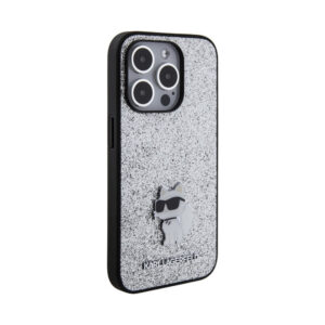 Coque iPhone 15 Pro Max Karl Lagerfeld Fixed Glitter Choupette Logo Metal Pin argentée — visuel 4