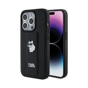 Coque iPhone 15 Pro Max Karl Lagerfeld Gripstand Saffiano Choupette Pins noire