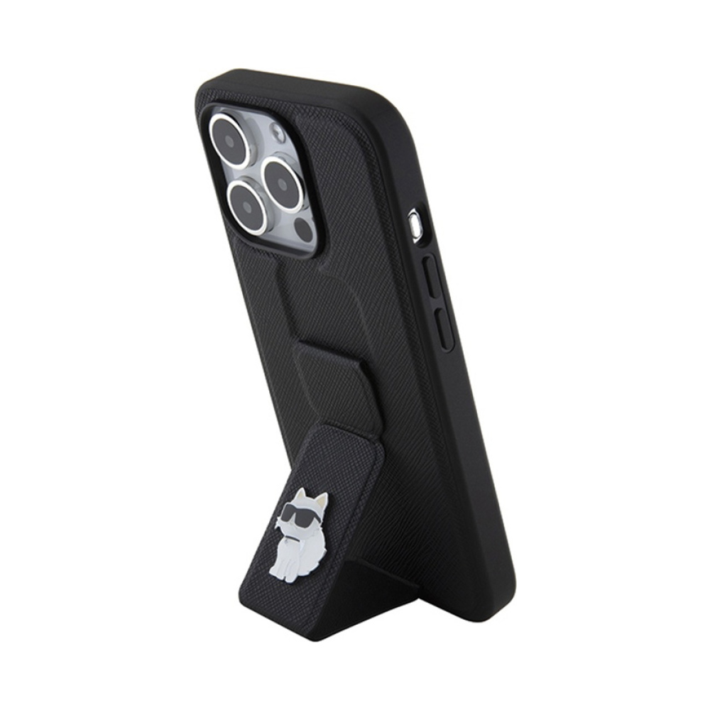 Coque iPhone 15 Pro Max Karl Lagerfeld Gripstand Saffiano Choupette Pins noire — visuel 2