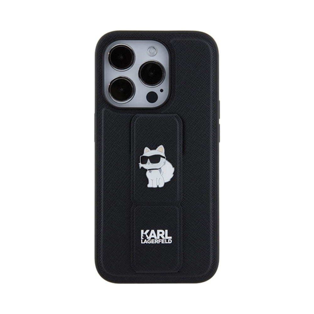 Coque iPhone 15 Pro Max Karl Lagerfeld Gripstand Saffiano Choupette Pins noire — visuel 4