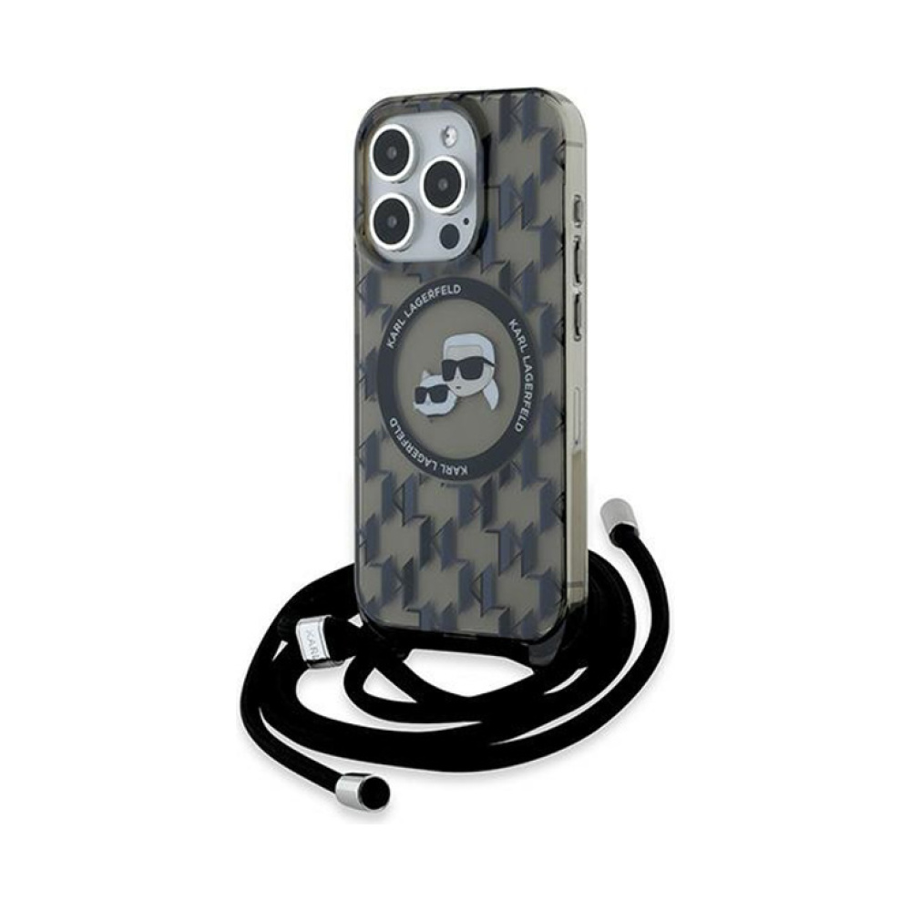 Coque iPhone 15 Pro Max Karl Lagerfeld IML Crossbody Monogram Karl & Choupette Head MagSafe noire