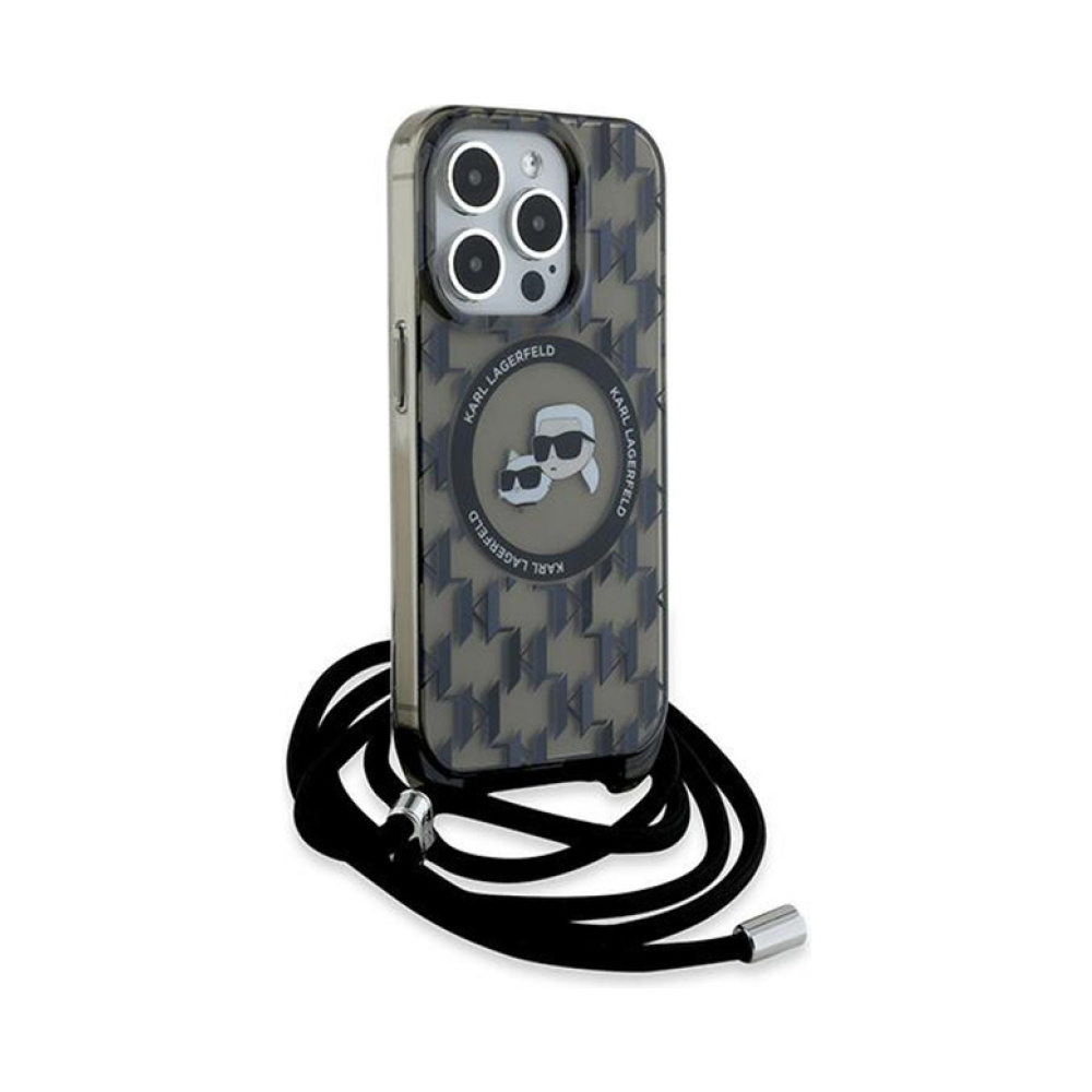 Coque iPhone 15 Pro Max Karl Lagerfeld IML Crossbody Monogram Karl & Choupette Head MagSafe noire — visuel 3