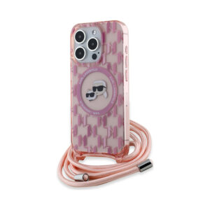 Coque iPhone 15 Pro Max Karl Lagerfeld IML Crossbody Monogram Karl & Choupette Head MagSafe rose