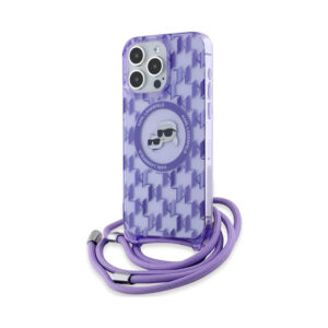 Coque iPhone 15 Pro Max Karl Lagerfeld IML Crossbody Monogram Karl & Choupette Head MagSafe violette