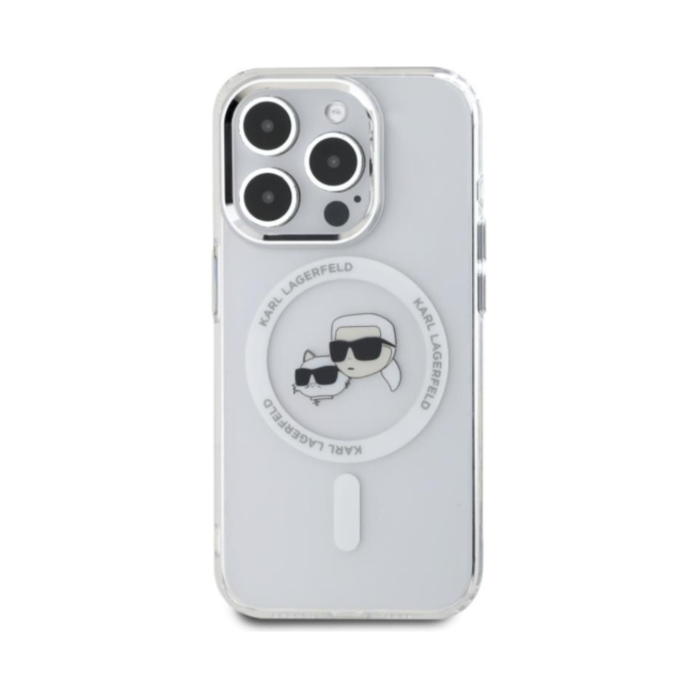 Coque iPhone 15 Pro Max Karl Lagerfeld IML Metal Karl & Choupette Head MagSafe blanche — visuel 3