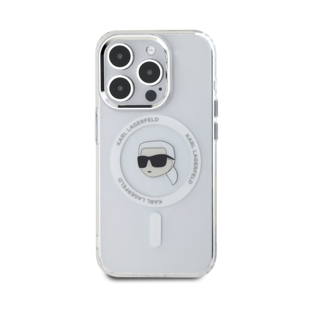 Coque iPhone 15 Pro Max Karl Lagerfeld IML Metal Karl Head MagSafe blanche — visuel 3