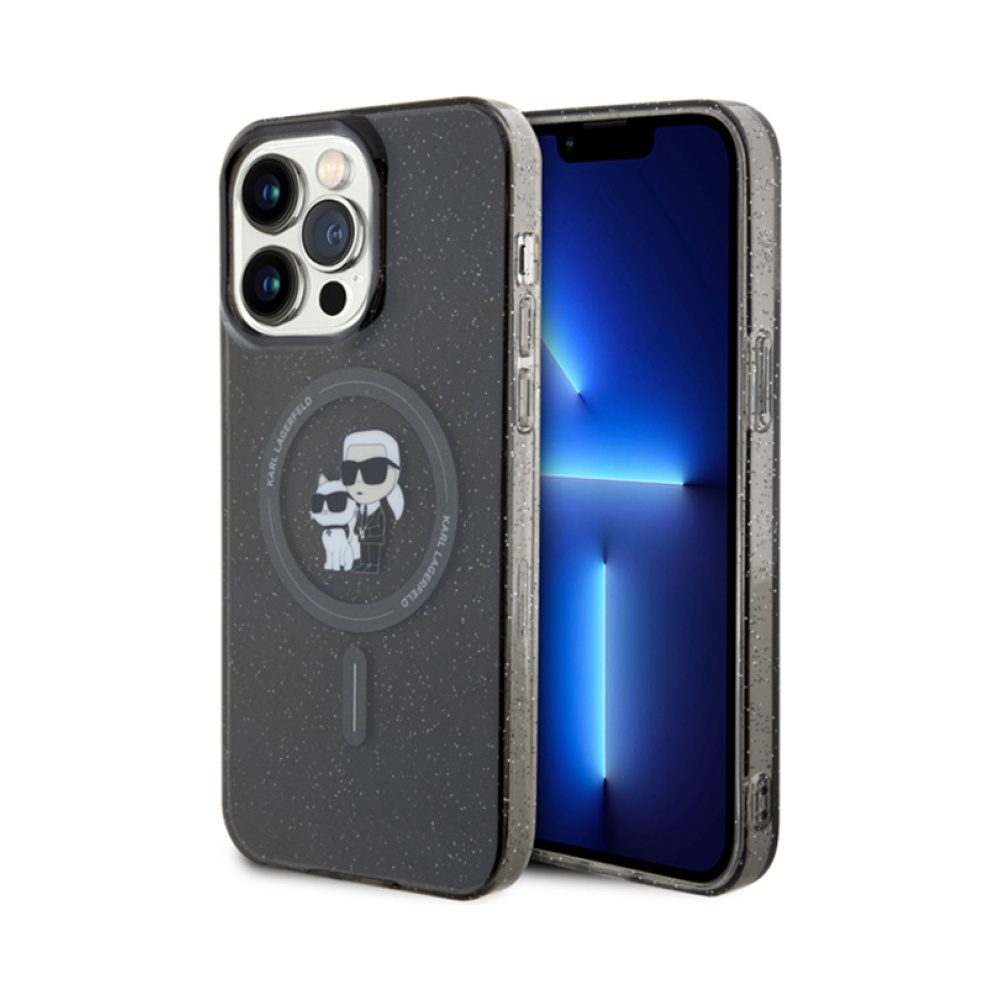 Coque iPhone 15 Pro Max Karl Lagerfeld Karl & Choupette Glitter Magsafe noire