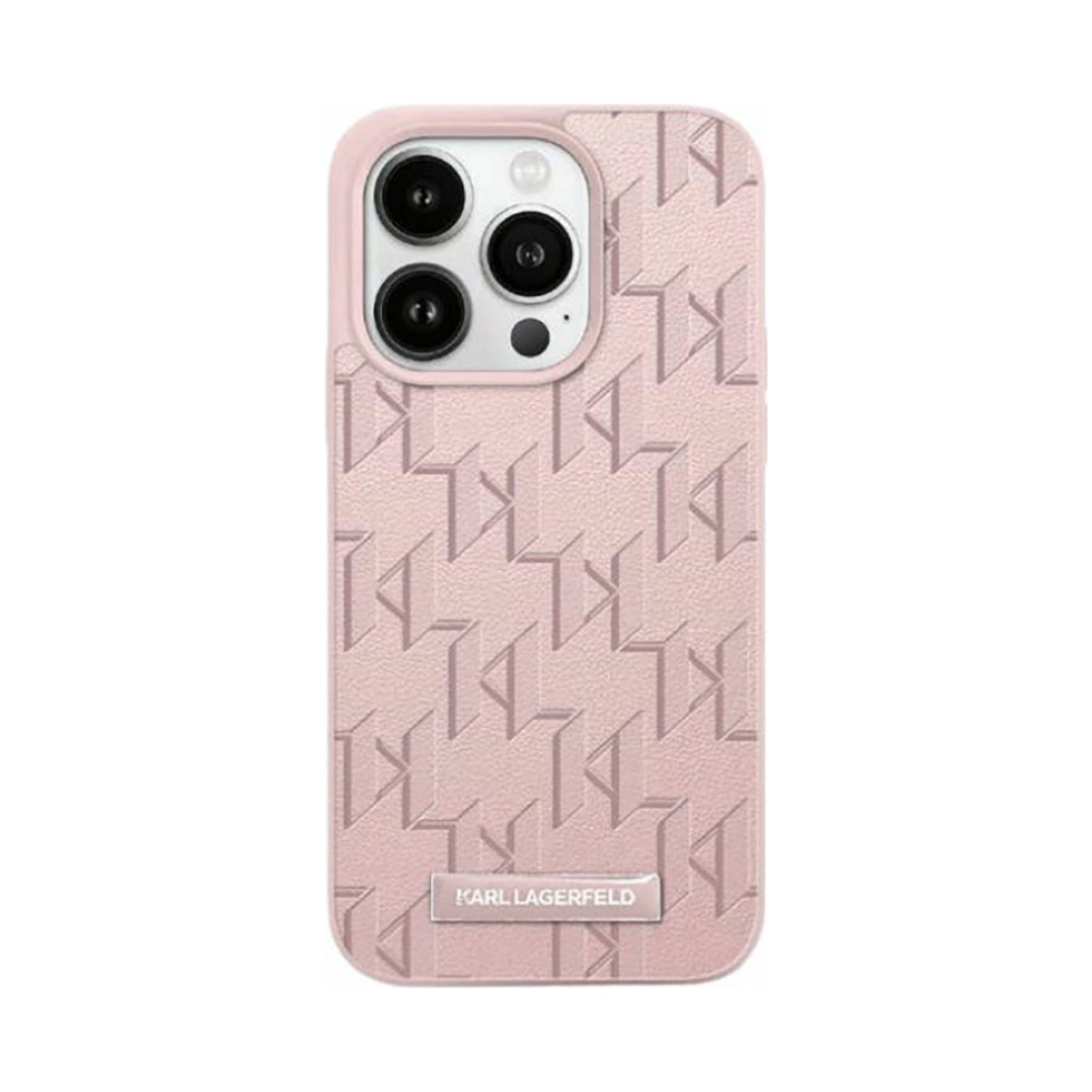 Coque iPhone 15 Pro Max Karl Lagerfeld Leather Monogram Metal Logo rose