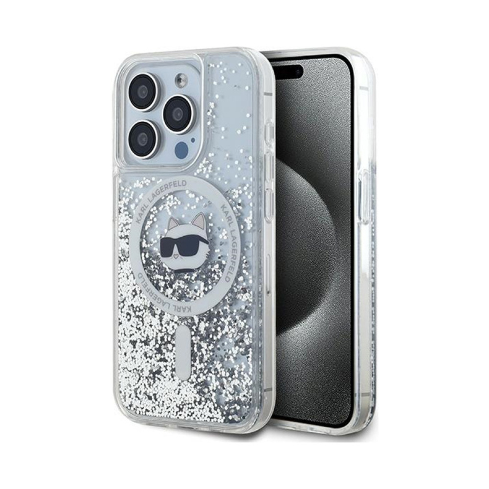 Coque iPhone 15 Pro Max Karl Lagerfeld Liquid Glitter Choupette Head MagSafe transparente