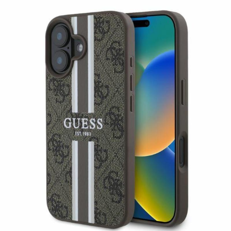 Coque iPhone 16 Guess 4G Printed Stripes MagSafe brune