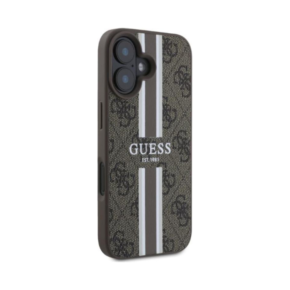 Coque iPhone 16 Guess 4G Printed Stripes MagSafe brune — visuel 2