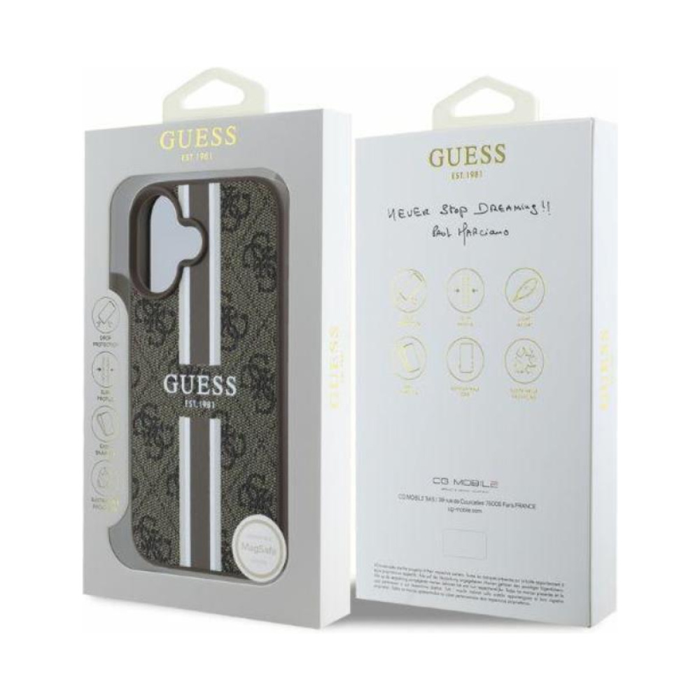 Coque iPhone 16 Guess 4G Printed Stripes MagSafe brune — visuel 4