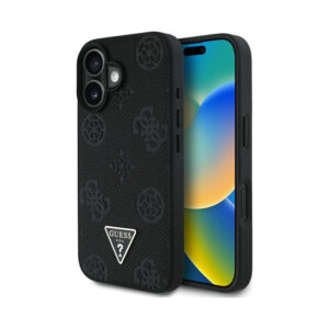 Coque iPhone 16 Guess Grained Hot Stamp Peony Triangle Logo MagSafe noire