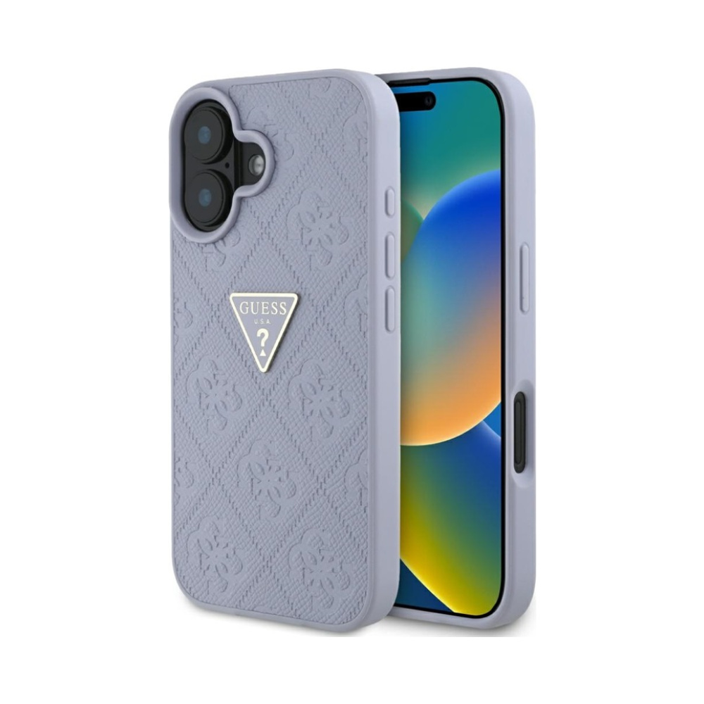 Coque iPhone 16 Guess Hot Stamp 4G Pattern Triangle Metal Logo violette