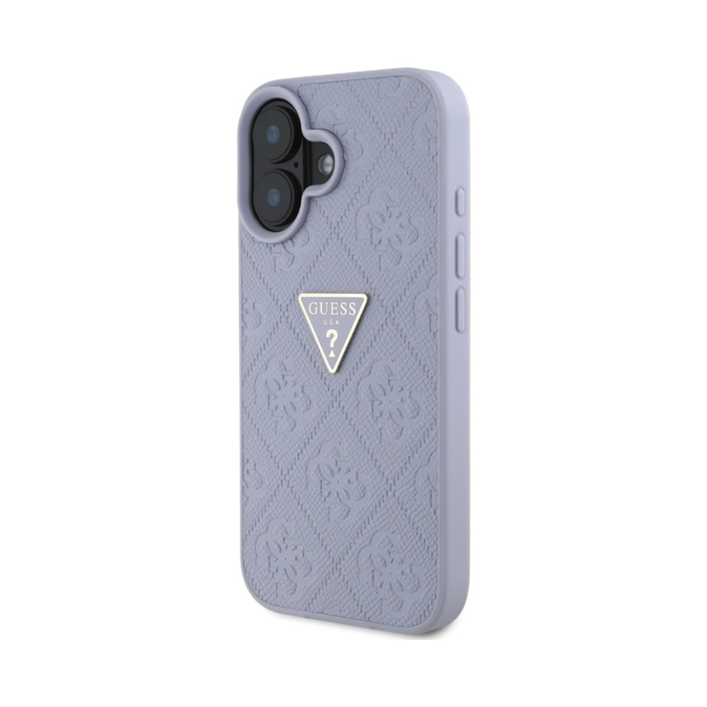 Coque iPhone 16 Guess Hot Stamp 4G Pattern Triangle Metal Logo violette — visuel 2