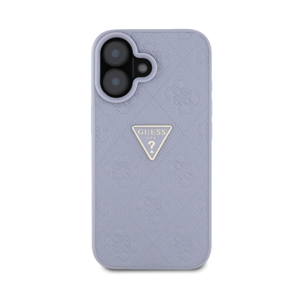 Coque iPhone 16 Guess Hot Stamp 4G Pattern Triangle Metal Logo violette — visuel 3