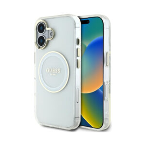 Coque iPhone 16 Guess IML Metal Colored Circle Classic Logo MagSafe blanche