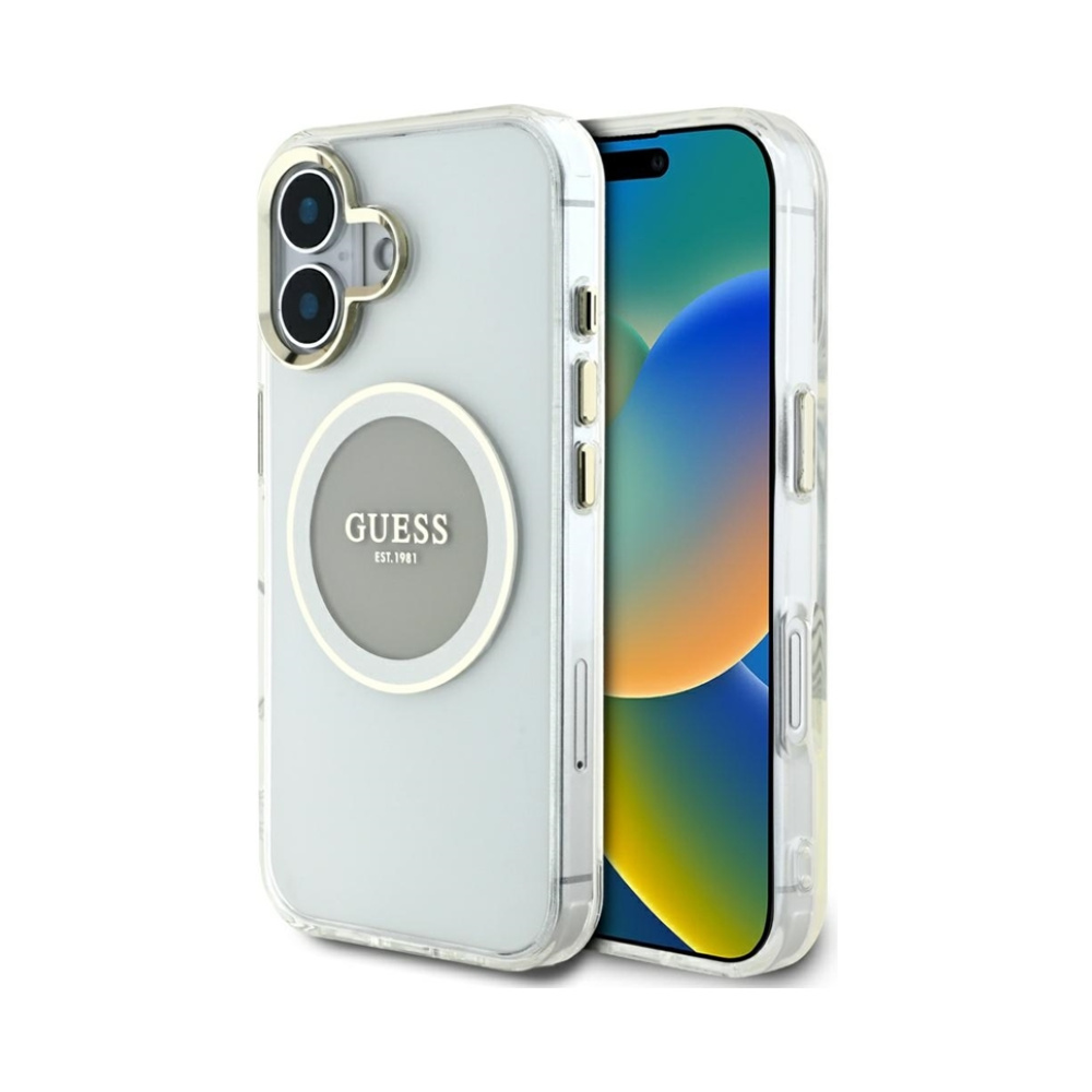 Coque iPhone 16 Guess IML Metal Colored Circle Classic Logo MagSafe grise