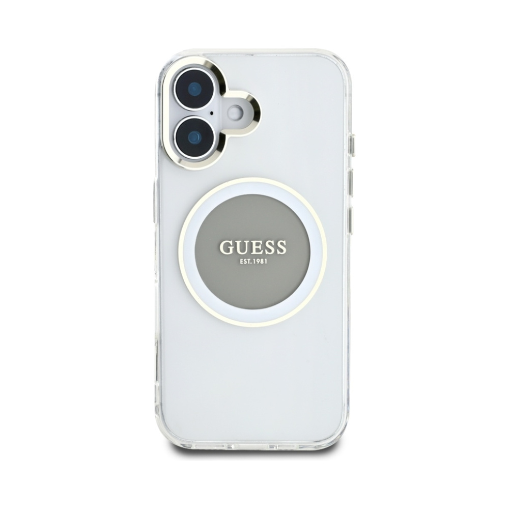 Coque iPhone 16 Guess IML Metal Colored Circle Classic Logo MagSafe grise — visuel 3