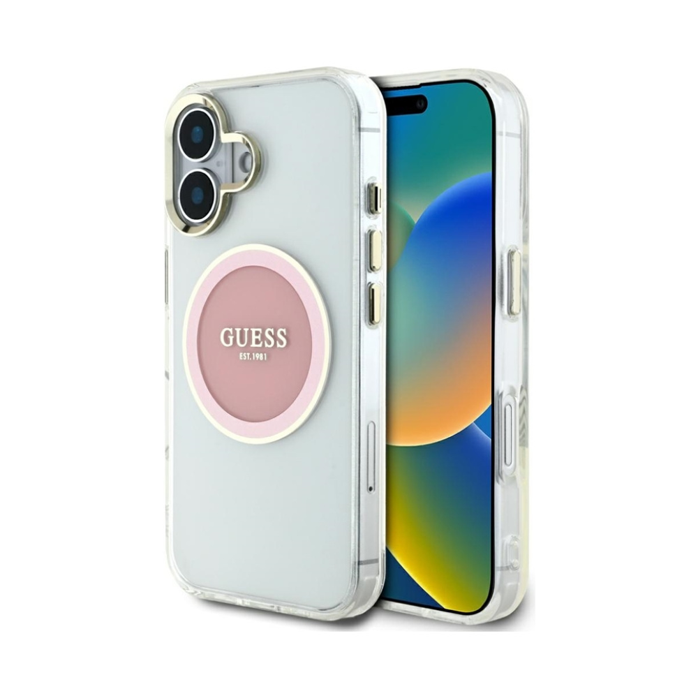Coque iPhone 16 Guess IML Metal Colored Circle Classic Logo MagSafe rose