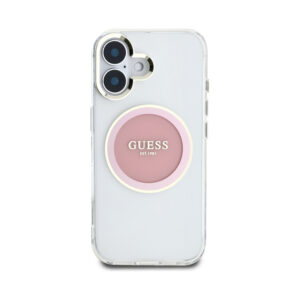 Coque iPhone 16 Guess IML Metal Colored Circle Classic Logo MagSafe rose — visuel 3