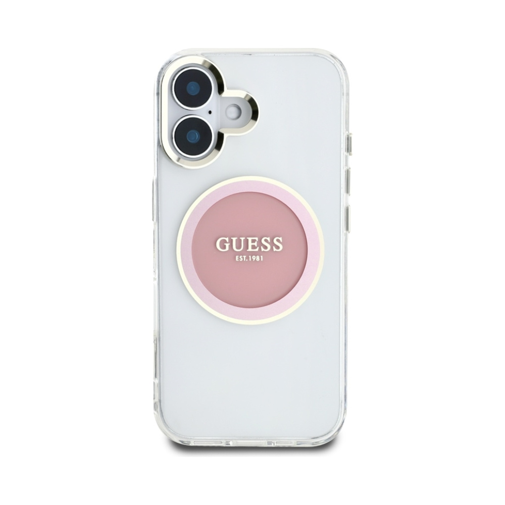 Coque iPhone 16 Guess IML Metal Colored Circle Classic Logo MagSafe rose — visuel 3