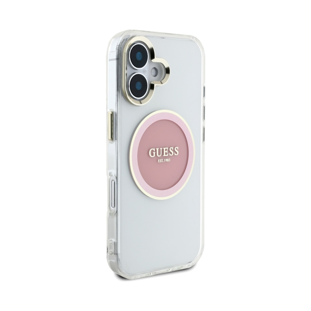 Coque iPhone 16 Guess IML Metal Colored Circle Classic Logo MagSafe rose — visuel 4