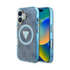 Coque iPhone 16 Guess IML Metal Glitter 4G Circle Triangle MagSafe bleue