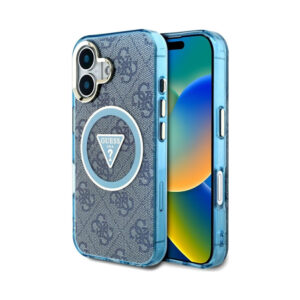Coque iPhone 16 Guess IML Metal Glitter 4G Circle Triangle MagSafe bleue