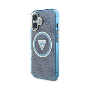 Coque iPhone 16 Guess IML Metal Glitter 4G Circle Triangle MagSafe bleue — visuel 2