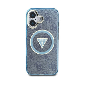 Coque iPhone 16 Guess IML Metal Glitter 4G Circle Triangle MagSafe bleue — visuel 3