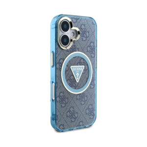 Coque iPhone 16 Guess IML Metal Glitter 4G Circle Triangle MagSafe bleue — visuel 4