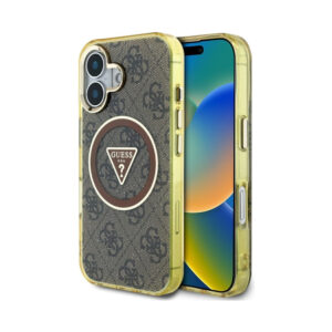 Coque iPhone 16 Guess IML Metal Glitter 4G Circle Triangle MagSafe brune