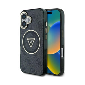 Coque iPhone 16 Guess IML Metal Glitter 4G Circle Triangle MagSafe noire