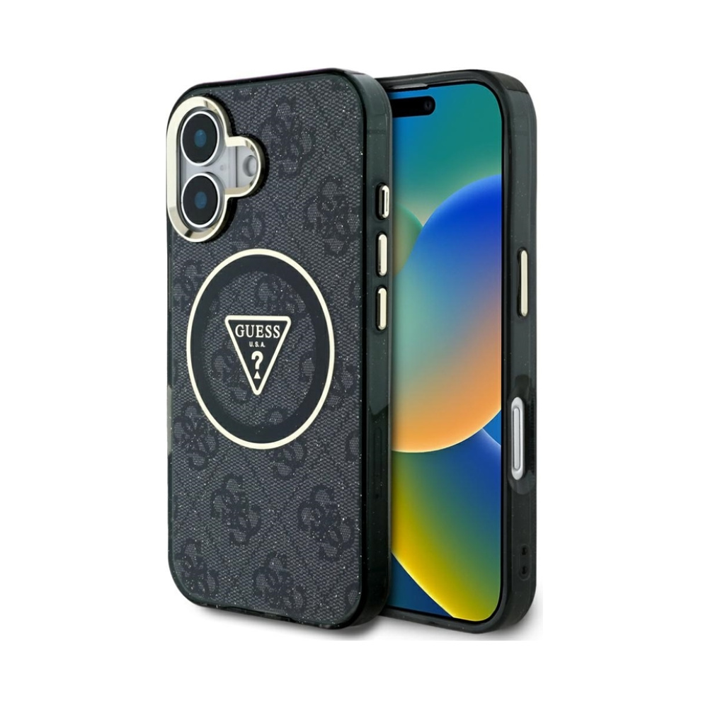 Coque iPhone 16 Guess IML Metal Glitter 4G Circle Triangle MagSafe noire