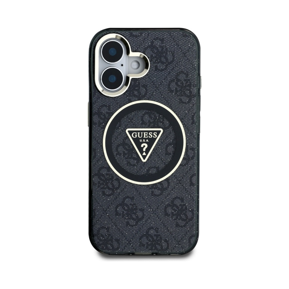 Coque iPhone 16 Guess IML Metal Glitter 4G Circle Triangle MagSafe noire — visuel 3