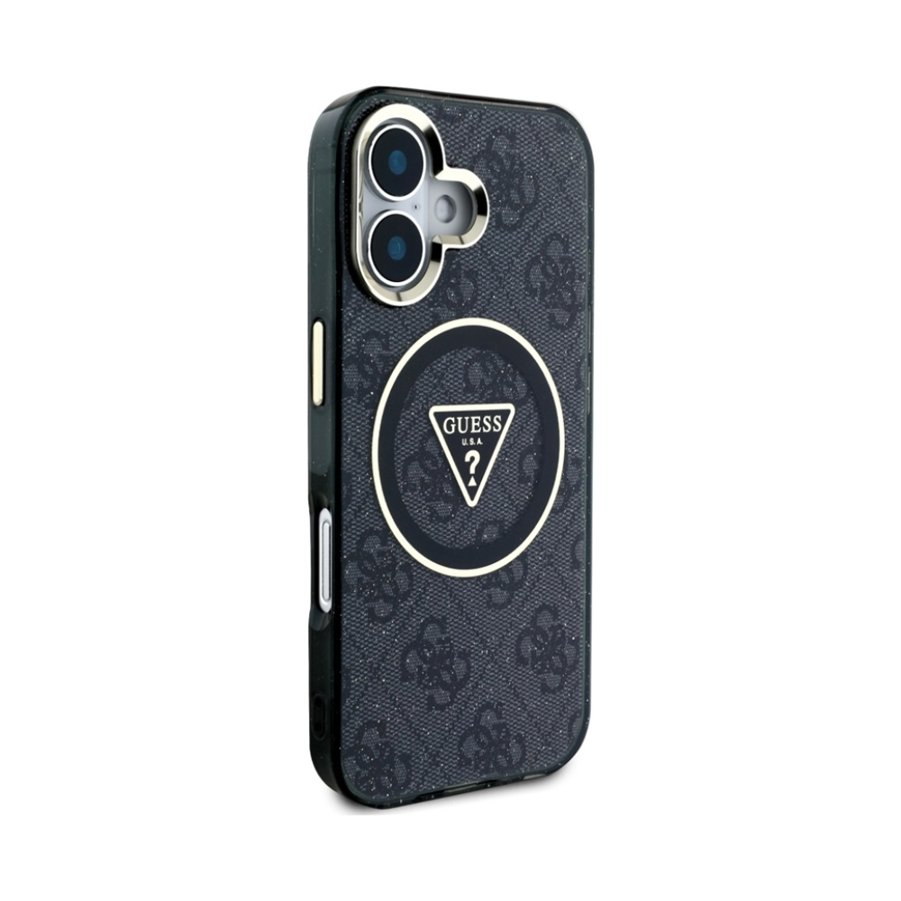Coque iPhone 16 Guess IML Metal Glitter 4G Circle Triangle MagSafe noire — visuel 4