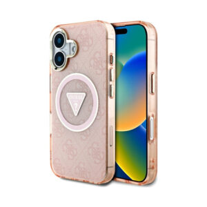Coque iPhone 16 Guess IML Metal Glitter 4G Circle Triangle MagSafe rose